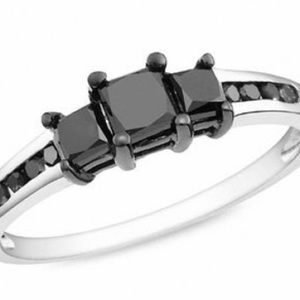 Zales 1 Ct TW 3-stone princess cut black diamond sterling silver ring